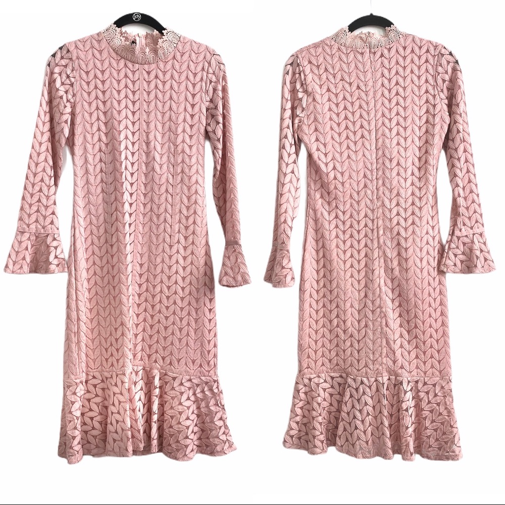 Pink Lace Dress Long Sleeve Midi